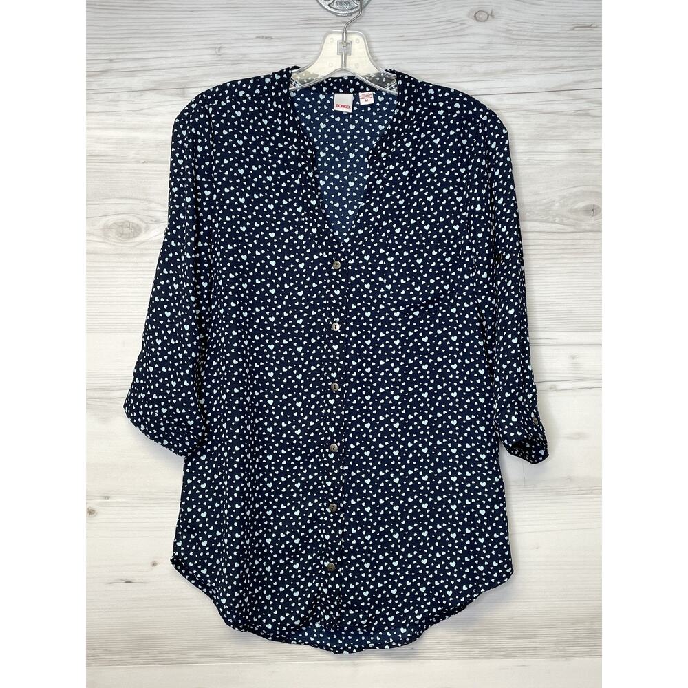 Bongo Shirt Womens Medium Navy Blue White Heart Print‎ Button Up 3/4 Sleeve Top